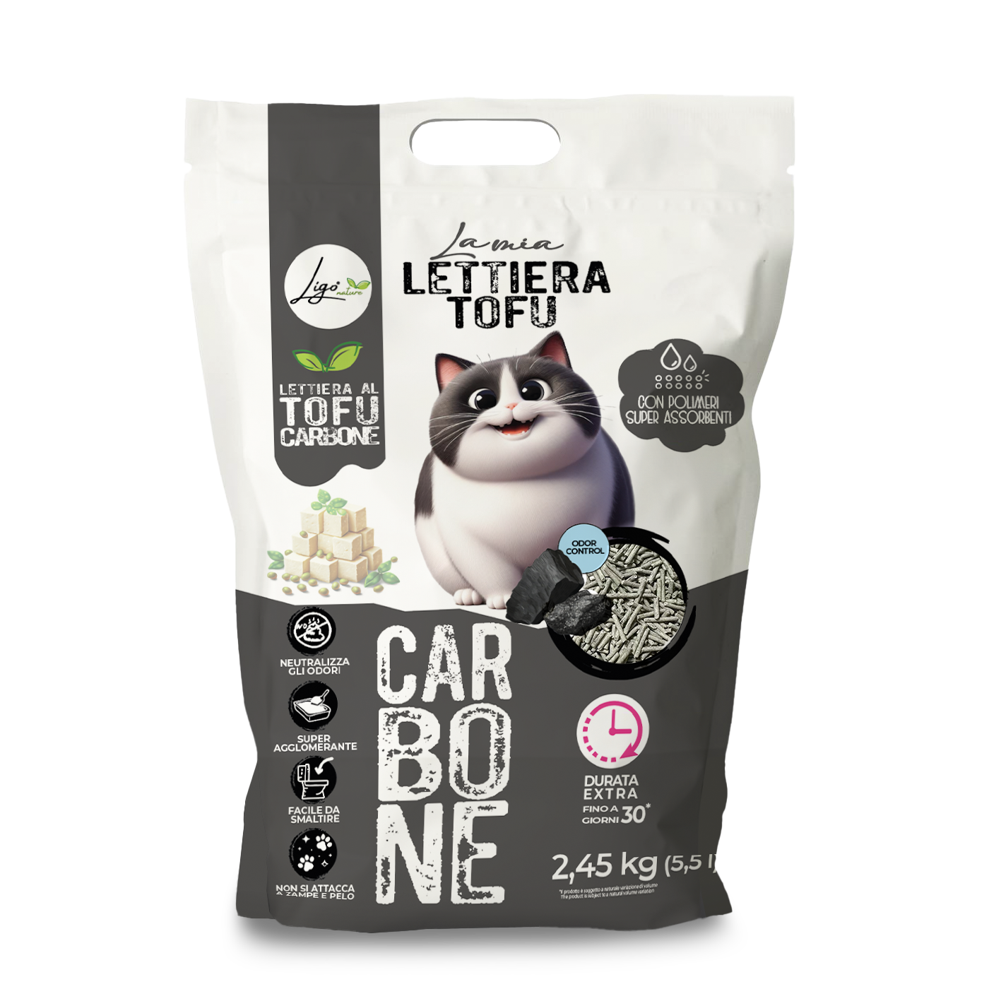 Lettiera Tofu SUPER AGGLOMERANTE con carbone attivo 5,5l 2,45KG